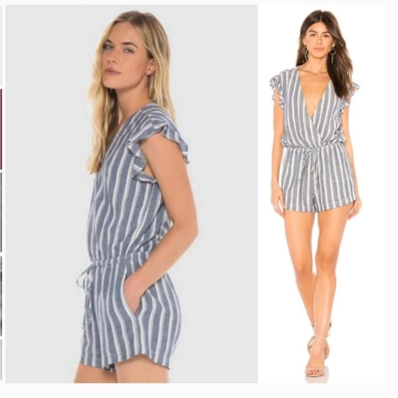 Cloth & Stone M linen blend blue & white striped romper. Plunging V-neck w/pocks - Picture 1 of 11